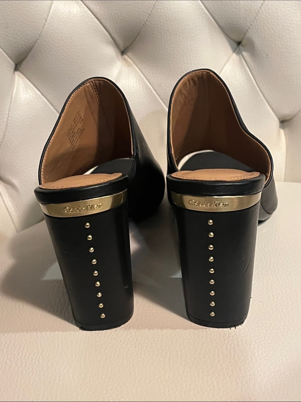 Calvin Klein Black Leather Open-Peep Block Heel Mules - Picture 6 of 14